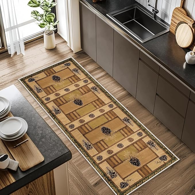 Pinecone Runner Rug, 2x8ft Rustic Country Style Hallway Runner Rug - Corridor & Foyer Area Rugs, Washable Non-Slip Mat, Country Home Decor Carpet for Indoor Living Room Hallway Spaces