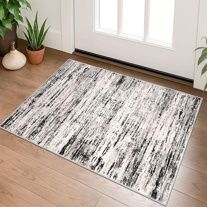 Modern Abstract Entryway Rug Indoor 2x3 Washable Rug Non-Slip Soft Small Area Rug White Black Grey Taupe Kitchen Mats Thin Print Faux Wool Floor Carpet Throw Rugs for Entrance Bedroom Office