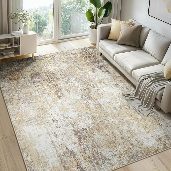 Washable Area Rugs 4ft Non-Slip Modern Abstract Soft for Living Room Entryway Bedroom Nursery, Print Pattern, Neutral Brown Gray