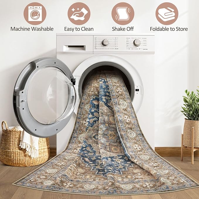 10x14 Area Rugs Living Room: Washable Boho Large Neutral Vintage Soft Rug Stain Resistant Farmhouse Non-Slip Indoor Floor Carpet for Bedroom Nursery Kids Office Dining Room Playroom- Yellow Blue