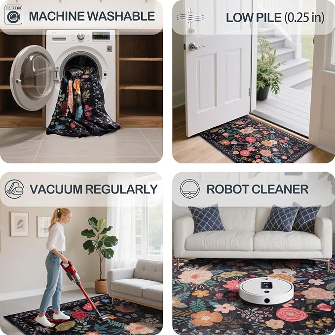 Washable 2'6" x 10' Runners for Hallways, Non Slip Long Floor Runner for Kitchen, Entryway Indoor, Stain Resistant Rubber Backing Floral Décor Rug (Black)