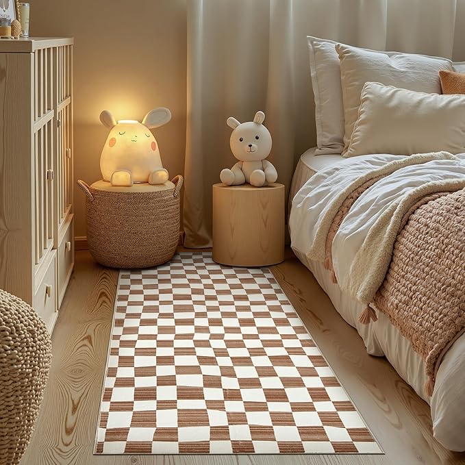 jinchan Runner Rug 2x6 Hallway Washable Modern Checkered Geometric Lattice Kids Bedroom Rug Indoor Floor Cover Non Slip Soft Carpet for Nursery Room Kitchen Laundry Room Home Brown