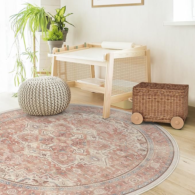 RUGGABLE Washable Area Rug – Kamran Rose Pink 8 ft Round, Stain-Resistant, Non-Slip – Large Machine Washable Rugs for Living Room, Bedroom, Hallway, Entryway & Office–with Standard Pad