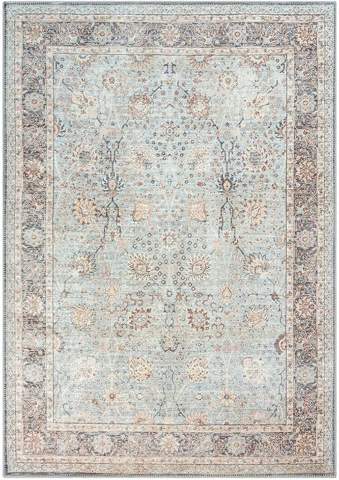 GLN Rugs Traditional Collection - Machine Washable Area Rug, Traditional Washable, Non Slip, Low Pile Chenille Rug, Living Room, Bedroom, Kitchen Rug (4' x 6' Light Blue)
