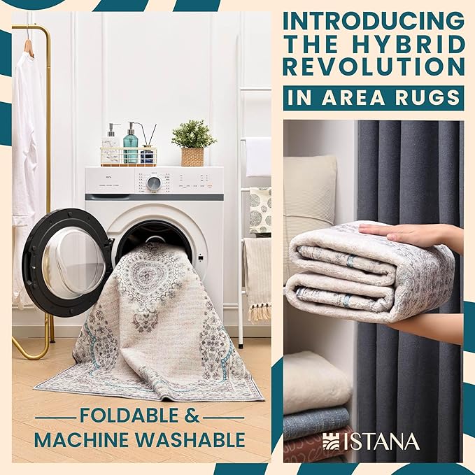 Istana 2x3 Rugs - Pink Beige Whisper/Grey/Blue Area Rugs - Foldable Dining Room Rug - Area Rug for Bedroom - Anti-Slip Washable Modern Rugs for Living Room