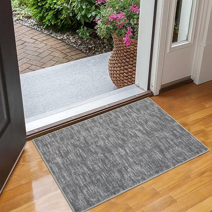 RUGSREAL Small Area Rug 2x3 Entryway Rug Washable Contemporary Bath Mat Modern Solid Indoor Throw Carpet Machine Washable Non-Slip Low-Pile Area Rug for Living Room Bedroom Laundry, 2' x 3' Grey