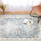 Phantoscope Washable Area Rug 5'x7' Non-Slip, Vintage Neutral Rugs for Living Room, Bedroom, Dining Room, Distressed Boho Geometric Medallion Pattern, Low-Pile Foldable Floor Carpet, Dusty Blue/Multi