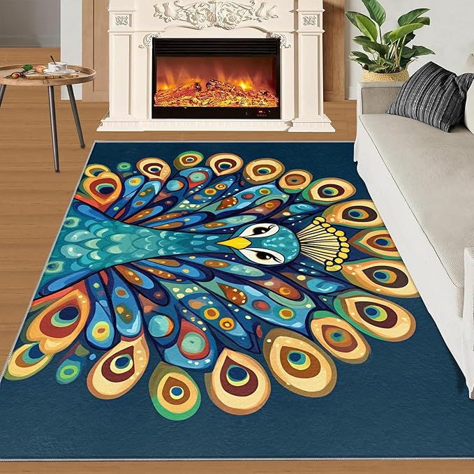 Boho Peacock Rugs for Living Room - 3x5 Rug, Peacock Decor Area Rugs for Bedroom, Teal Turquoise Rug, Modern Style Washable Carpet, Aesthetics Carpet - Peafowl Home Decor & Gifts