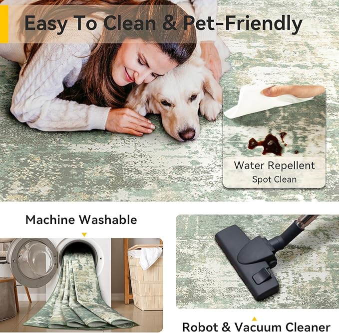 Washable Area Rugs 2'x6' Non-Slip Modern Abstract Soft for Living Room Entryway Bedroom Nursery, Print Pattern, Light Green/Yellow