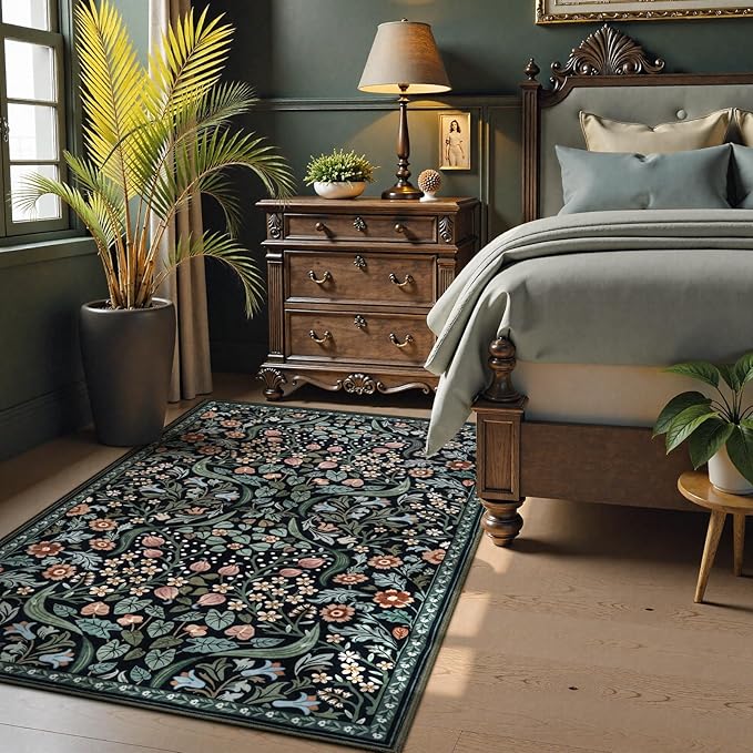 Lahome Floral 3x5 Entryway Rug, Soft Washable Bedroom Area Rugs, Botanical Non-Slip Small Black Carpet for Bedside, Entrance, Dorm, Nursery, Living Room