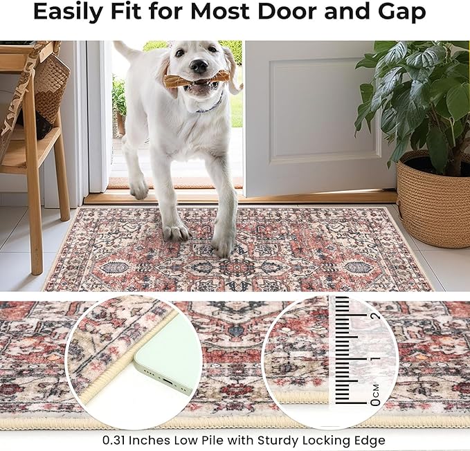 KOZYFLY Small Area Rug 2x3 Ft Rugs for Entryway Washable Boho Entry Rug Non Slip Door Mat Indoor Entrance Faux Wool Vintage Printed Kitchen Rug Throw Rugs for Entrance Kitchen, Terracotta/Beige