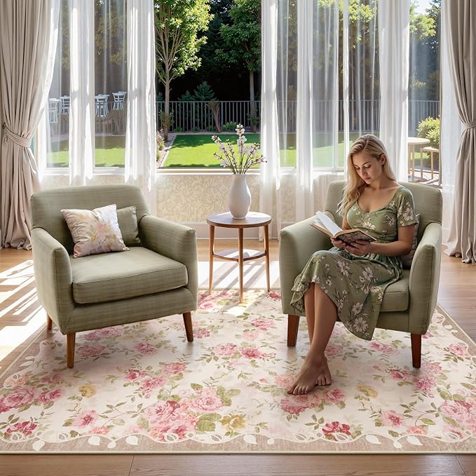 Lahome Floral Washable 3x5 Rug, Small Rugs for Bedroom Soft Non-Slip,Entry Way Rugs Indoor Low Pile Carpet for Nursery Kids Playroom Beige/Pink/Multi