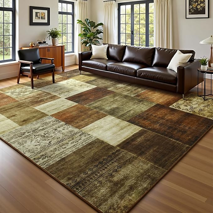 DweIke Washable Area Rugs for Living Room, 5x7 Soft Bedroom Rugs, Geometric Print Non-Slip Modern Rug, Stain Resistant Throw Carpets for Office Nursery Dining Room Home Dorm Decor, Brown