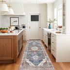 Boho Runner Rug 3x8 Low Pile Rug Runners for Hallway Kitchen Distressed Carpet Runner Rug Non-Slip Brown/Navy Blue