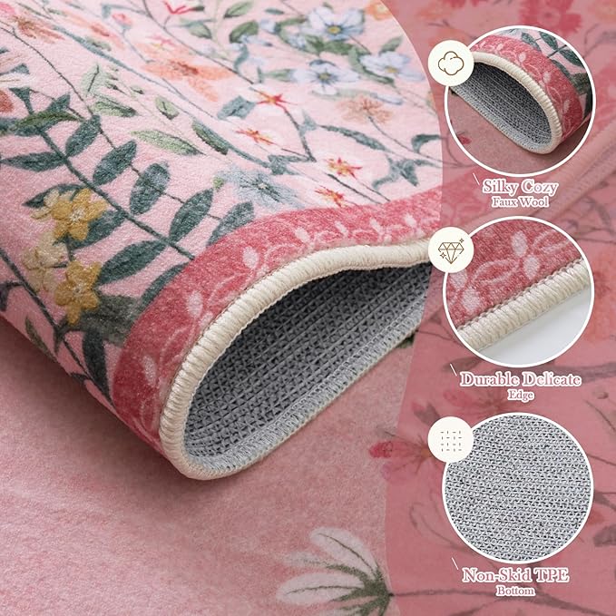 Wonnitar Washable 5ft Round Area Rug, Pink Floral Living Room Rugs for Bedroom Girls, Low Pile Soft Botanical Throw Carpet for Kids Nursery Room (Pink,5ft-Round)