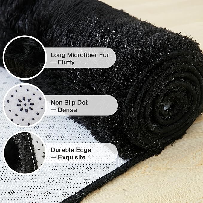 Andency Black Soft Area Rugs for Living Room Bedroom, 3x5 Non-Slip Fluffy Shag Carpet, Indoor Floor Fuzzy Shaggy Living Room Plush Rug for Kids Dorm Nursery Home Decor Aesthetic