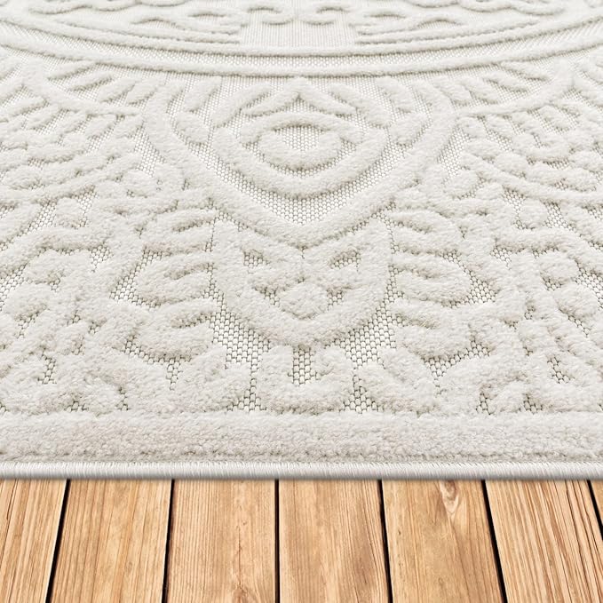 Paco Home Modern in- and Outdoor Rug with Carved Oriental Mandala Pattern in Cream, Size: 2'8" x 4'11"