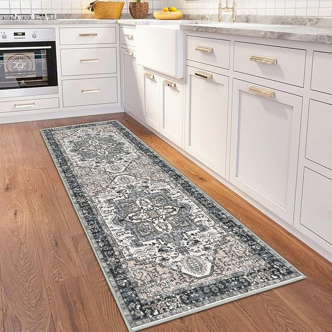 KOZYFLY Runners for Hallways 2x6 Ft Washable Kitchen Runner Rug Boho Runner Rug for Entryway Indoor Printed Oriental Faux Wool Floor Carpet Runner for Bedroom Kitchen Hall, Black/Taupe/Beige