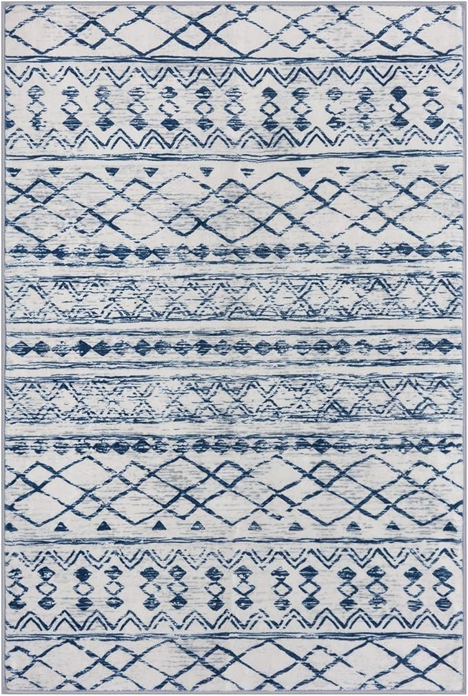 KUTA Area Rug 5x7, Moroccan Large Blue White Rugs Washable Boho Non-Slip, Ultra Soft Geometric Traditional Farmhouse Carpet for Living Room Dining Room Bedroom Dorm Office Home Décor