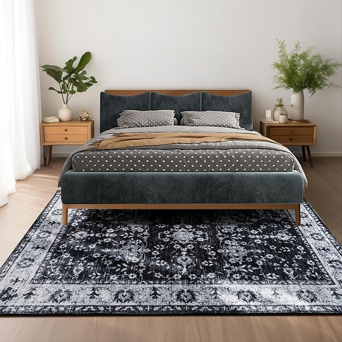4x6 Washable Area Rug – Black and Ivory Vintage Carpet with Charcoal Border, Floral Scroll and Geometric Pattern, Boho Non-Slip Indoor Rug for Living Room, Bedroom, Dining Room, Entryway