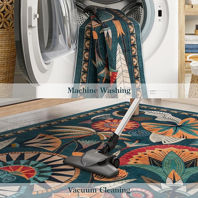 Boho Washable Green Bathroom Kitchen Runner Rug, 2x8 Egypt Hallway Entryway Rug Runner, Non Slip Botanical Floral Vintage Carpet for Entry Living Laundry Room (Dark Green, 2 x 8)