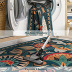 Boho Egypt Green Area Rugs for Living Room Bedroom, 5x7 Washable Large Dining Room Rug Non Slip, Floral Vintage Farmhouse Throw Carpet for Office Hardwood Floor Playroom (Dark Green,5 x 7)