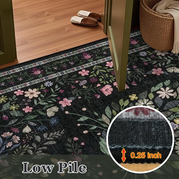 8x10 Area Rugs Living Room Rug: Vintage Washable Rug Floral Soft Carpet Indoor Floor Non-Slip Boho Stain Resistant Large Carpets for Bedroom Kids Nursery Dining Room Farmhouse Home Office Black/C02
