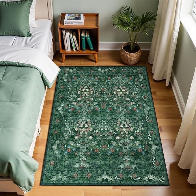 Green Boho Floral 3x5 Rugs for Large Entryway, Farmhouse Botanical Washable Area Rug for Dorm, Bedroom Bedside, Foyer, Kitchen, Laundry - Cottagecore Distressed Carpet, Low Pile Non Slip Mat