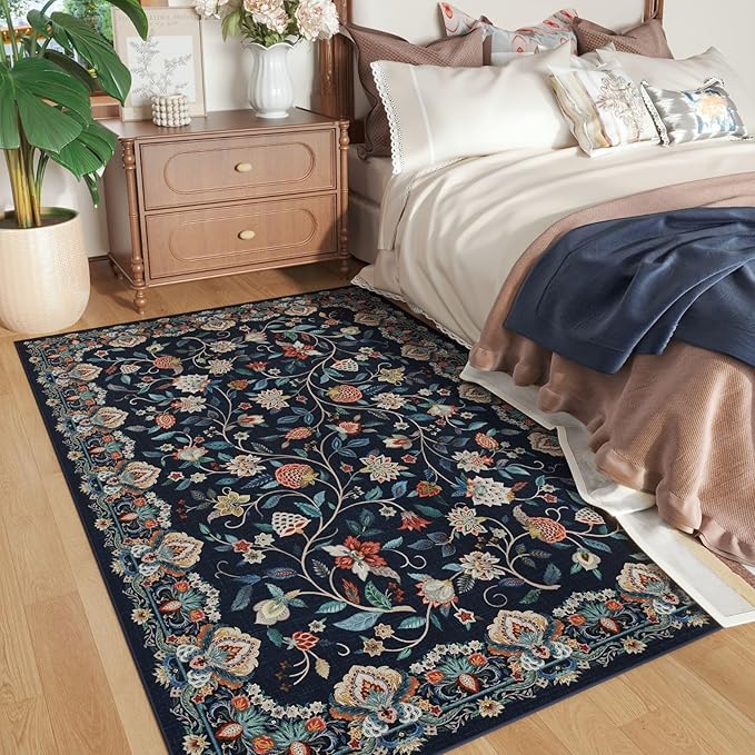 Rugcomf Vintage Paisley 3'x5' Area Rug - Machine Washable, Non-Slip Low Pile Small Floral Carpet for Bedroom, Bedside, Kitchen, Entryway, Kids/Girls Room, Office - Blue