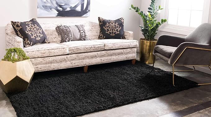 Unique Loom Solid Shag Collection Area Rug (9' x 12' Rectangle, Jet Black)