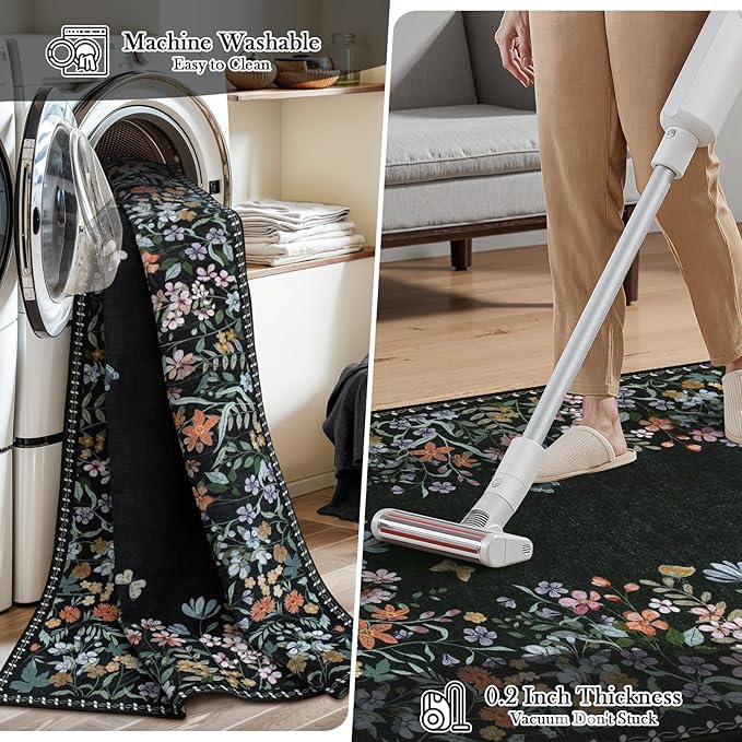 Wonnitar Washable 5x7 Rug, Black Botanical Area Rugs for Living Room, Non-Slip Soft Rug for Bedroom, Vintage Low Pile Dining Room Floral Rug Carpet for Bedside Mud Room (Black,5'x7')