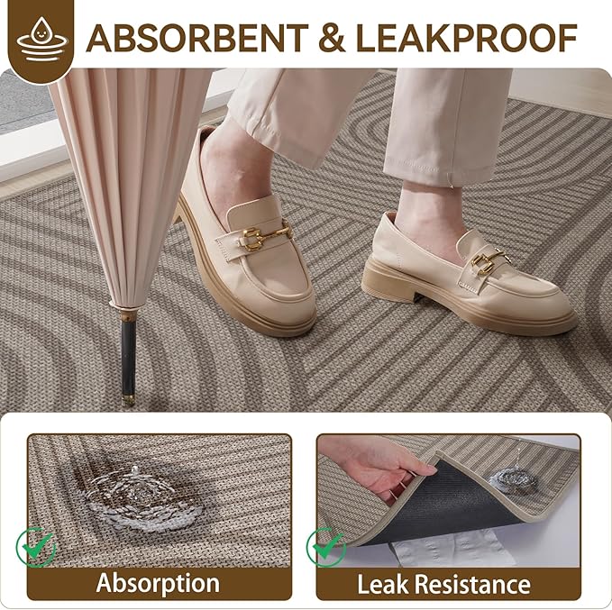 Front Door Mat 17''x30'', Absorbent Muddy Dirt Resist Washable Non Slip Low-Profile Indoor Doormat, Easy Clean Welcome Entryway Door Mats, Brown