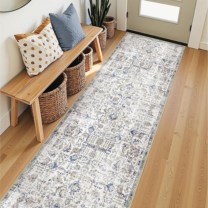 jinchan Kalen Runner Rug 2x8 Washable Hallway Rug Vintage Runner Indoor Floor Cover Thin Retro Distressed Floral Country Non Slip Carpet for Entryway Bathroom Kitchen Bedroom Living Room Stairway Blue