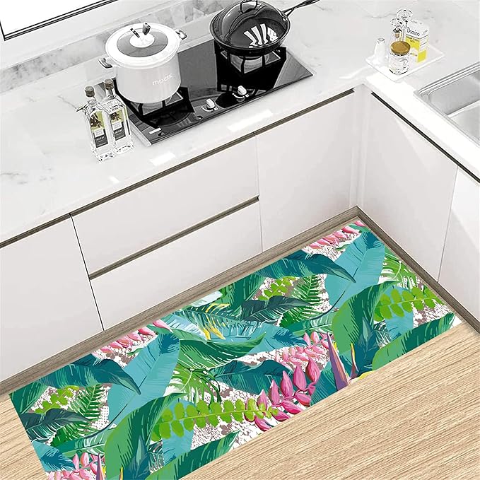 Tropical Rug Runner 2x7ft - Non-Slip Durable Floral Leaf Pattern Carpet for Hallway, Stairs, Entryway, Easy Clean Floor Decor