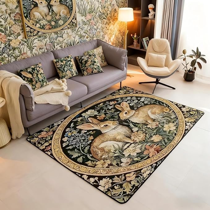 Rustic Rabbits 3 x 5 Area Rug Country Plant Leaves Floral Rugs for Living Room | Vintage Farmhouse Style Farm Animals Washable Rug, Cute Rabbit Botanical Carpet Indoor Floor Mat