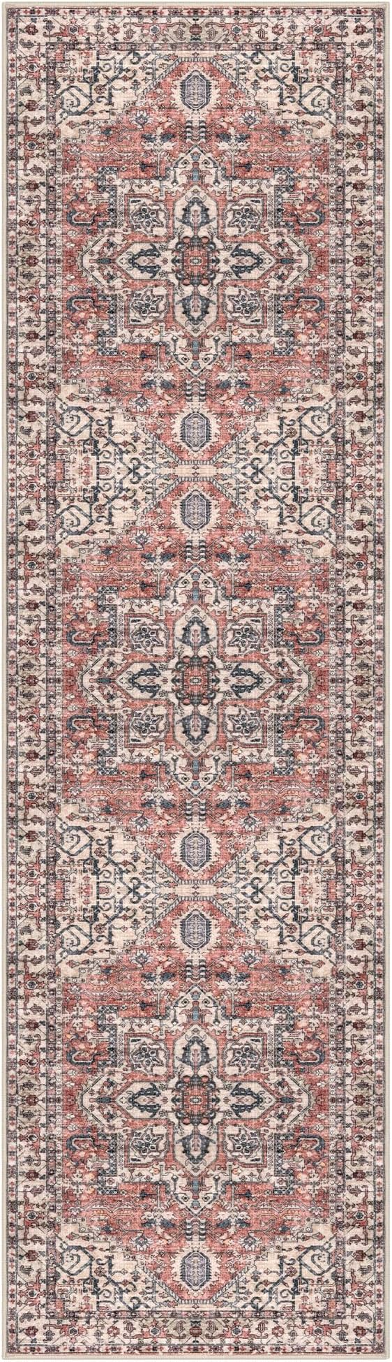 KOZYFLY Runners for Hallways 2x7 Ft Washable Kitchen Runner Rug Boho Runner Rug for Entryway Indoor Printed Faux Wool Long Floor Carpet Runner for Bedroom Laundry Kitchen Hallway, Terracotta/Beige