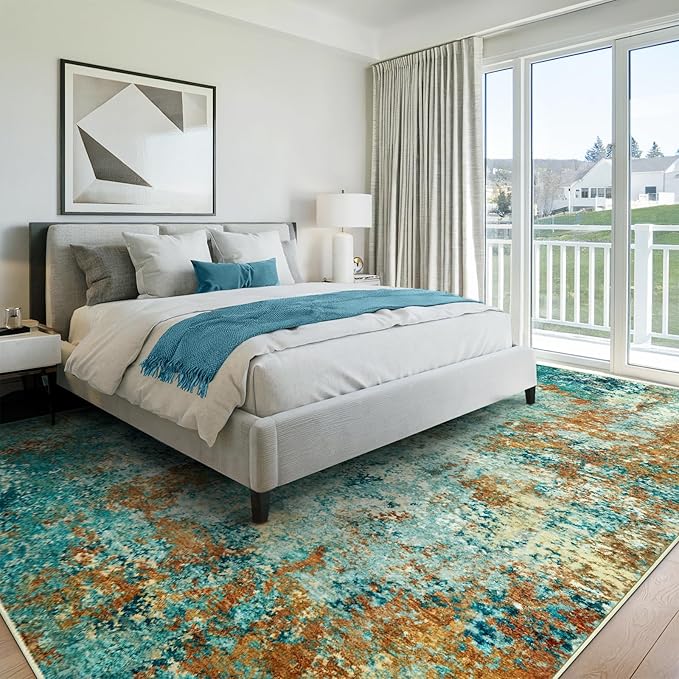 Washable Area Rugs for Living Room 9x12 - Large Neutral Modern Abstract Rug, Soft Low Pile Carpet with Non Slip Backing for Under Dining Room Table, Bedroom, Home, Office, Dorm - Teal Brick