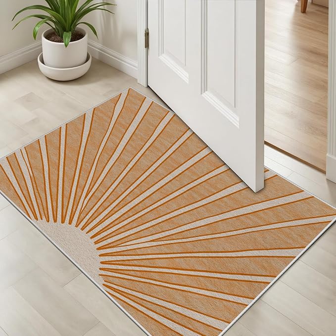 Boho Sun Print Area Rug for Living Room 4x5, Modern Abstract Non-Slip Washable Rugs, Soft Stripe Minimalism Carpet for Bedroom, Nursery, Entryway, Dining Room & Office Decor, Orange White