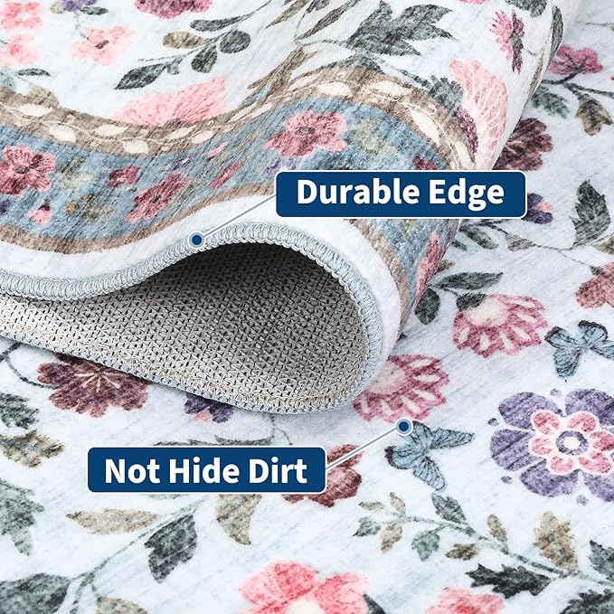 GarveeHome Washable Rug 6 x 9, Low Pile Farmhouse Floral Rug, Non-Shedding Indoor Foldable Printed Carpet Non-Slip Soft Vintage Throw for Bedroom Dining Room Kitchen, Light Blue