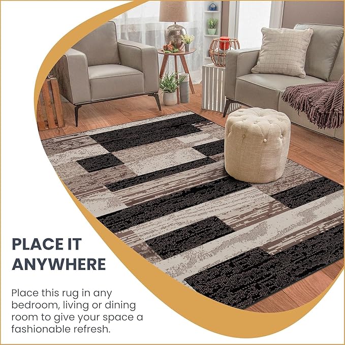 Superior Indoor Area Rug, Plush Carpet Cover, for Kids or Pets, Hallway, Entryway, Living Room, Dining, Bedroom, Office, Kitchen, Modern Geometric Patchwork, Rockwood Collection, 12' x 15', Chocolate