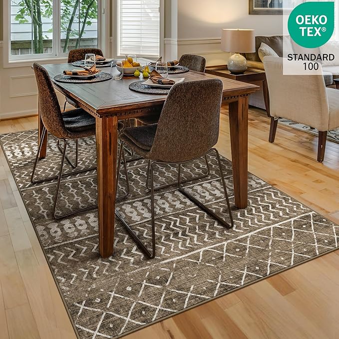 4x6 Machine Washable Area Rug for Living Room, Brown Vintage Moroccan Rug Large Non-Slip Low Pile Soft Faux Wool Carpet, Kids and Pets Friendly for Bedroom Dining Room Farmhouse Home Decor Rug
