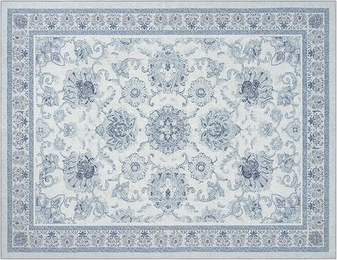 Phantoscope Washable Area Rug 9'x12' Non-Slip, Vintage Neutral Rugs for Living Room, Bedroom, Dining Room, Distressed Boho Floral Medallion Pattern, Low-Pile Foldable Floor Carpet, Blue/White