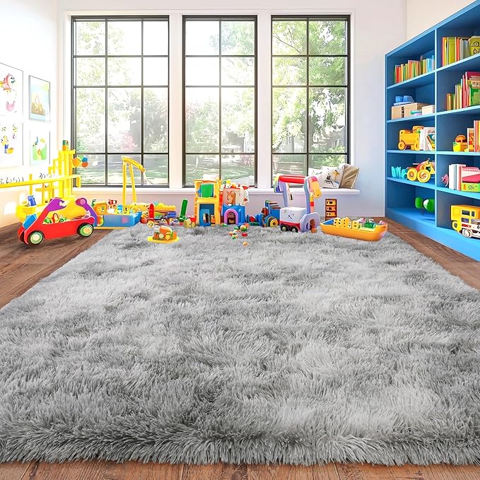 Ultra Soft Fluffy Rugs for Bedroom, Anti-Skid Indoor Carpet Nursery Rugs for Kids Room Home Decor, Rectangular Fuzzy Rug Tie-Dyed Light Grey 5x7 Feet
