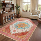 6x9 Orange Pink Area Rug for Living Room, Machine Washable Rugs with Non-Slip Backing for Bedroom, Vintage Medallion Carpet Dining Room Office Kids Room Decor