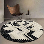 Round Cowhide Faux Leather Area Rug 3×3 ft – Black & White Modern Chevron Pattern Low Pile Carpet with Non-Slip Wool Backing, Soft Durable Living Room & Bedroom Accent Rug