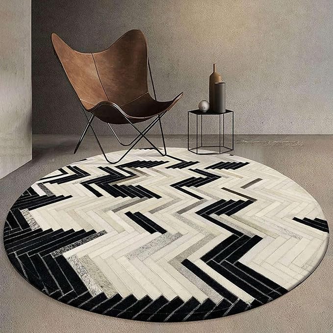 Round Cowhide Faux Leather Area Rug 10×10 ft – Black & White Modern Chevron Pattern Low Pile Carpet with Non-Slip Wool Backing, Soft Durable Living Room & Bedroom Accent Rug