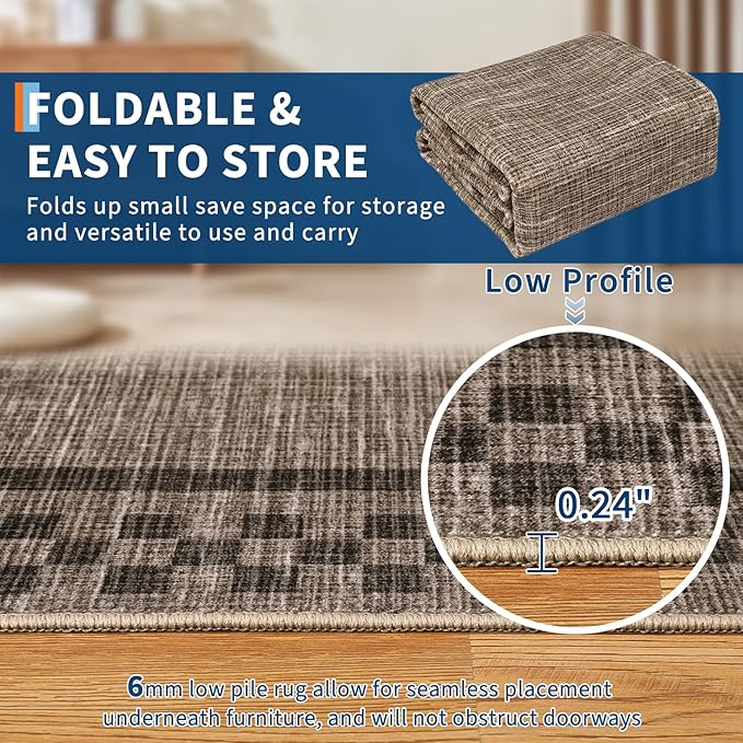 GarveeHome 4x6 Rug Small Washable Living Room Rug Modern Bordered Area Rugs with Rubber Backing Soft Non Slip Low Pile Dining Room Throw Carpet Checkered Geometric Mats for Bedroom Kitchen, Brown