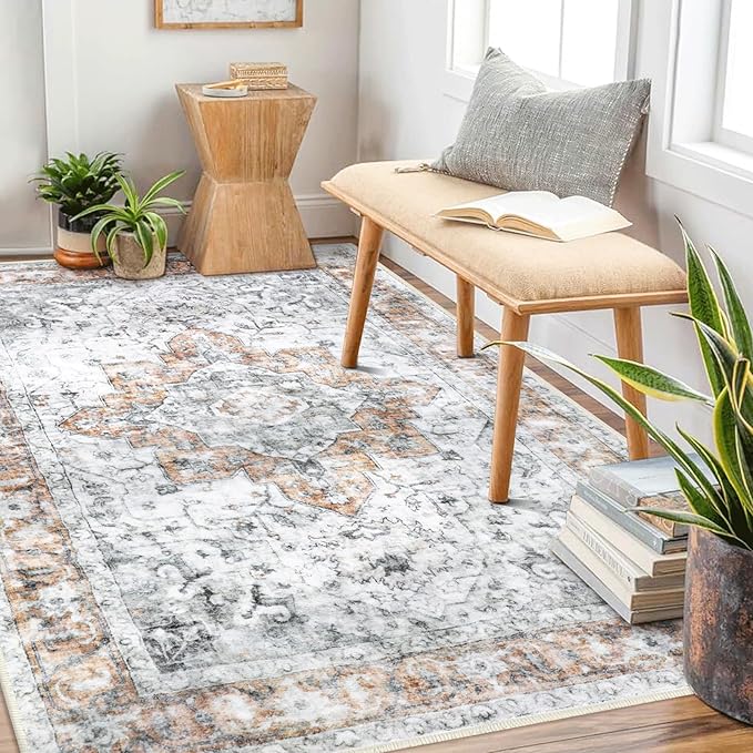 COMSLE 4x6 Rugs for Living Room Washable Area Rugs for Bedroom Faux Wool Distressed Throw Rugs Absorbent Non-Slip Floor Carpet for Indoor Kitchen Laundry Room Orange
