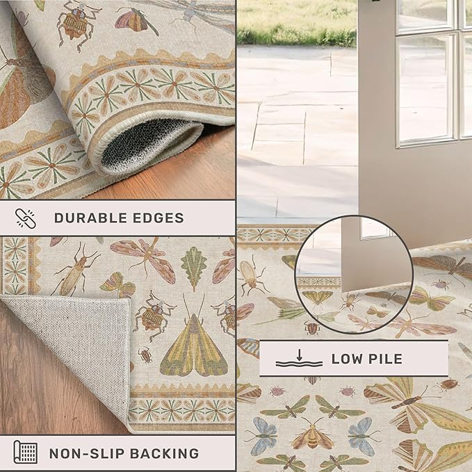 3x5 Washable Non-Slip Bathroom Rug, Colorful Insect Rug for Kids Room - Ultra Soft Low Pile Cottagecore Butterfly & Beetle Pattern for Nature-Inspired Home Décor