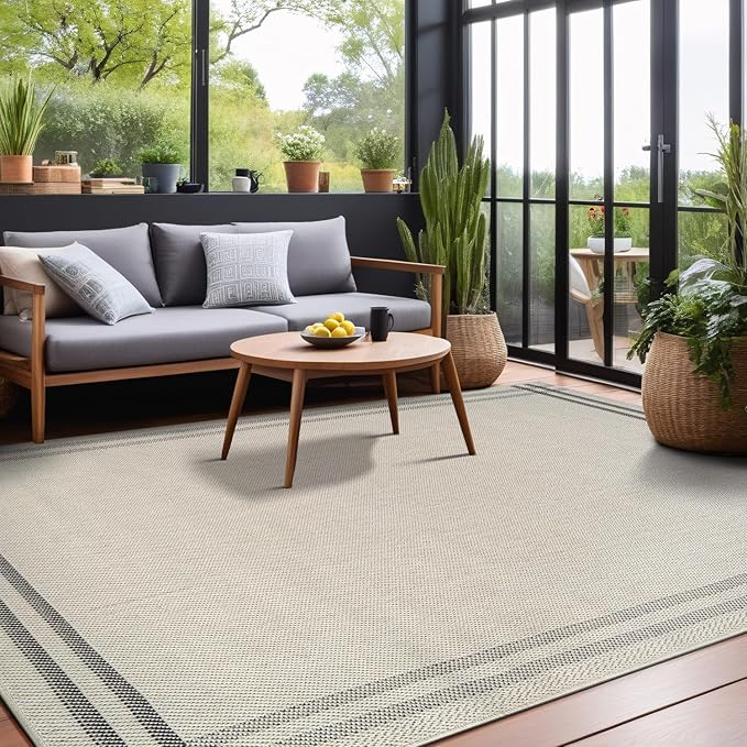 Easy Jute Rugs 5x7 Bordered Bone Color Living Room Indoor Outdoor Area Rug for Patio and Kitchen Rug High Traffic Washable Easy to Clean Solid Boho Woven Design Outside Carpet (5 x 7)